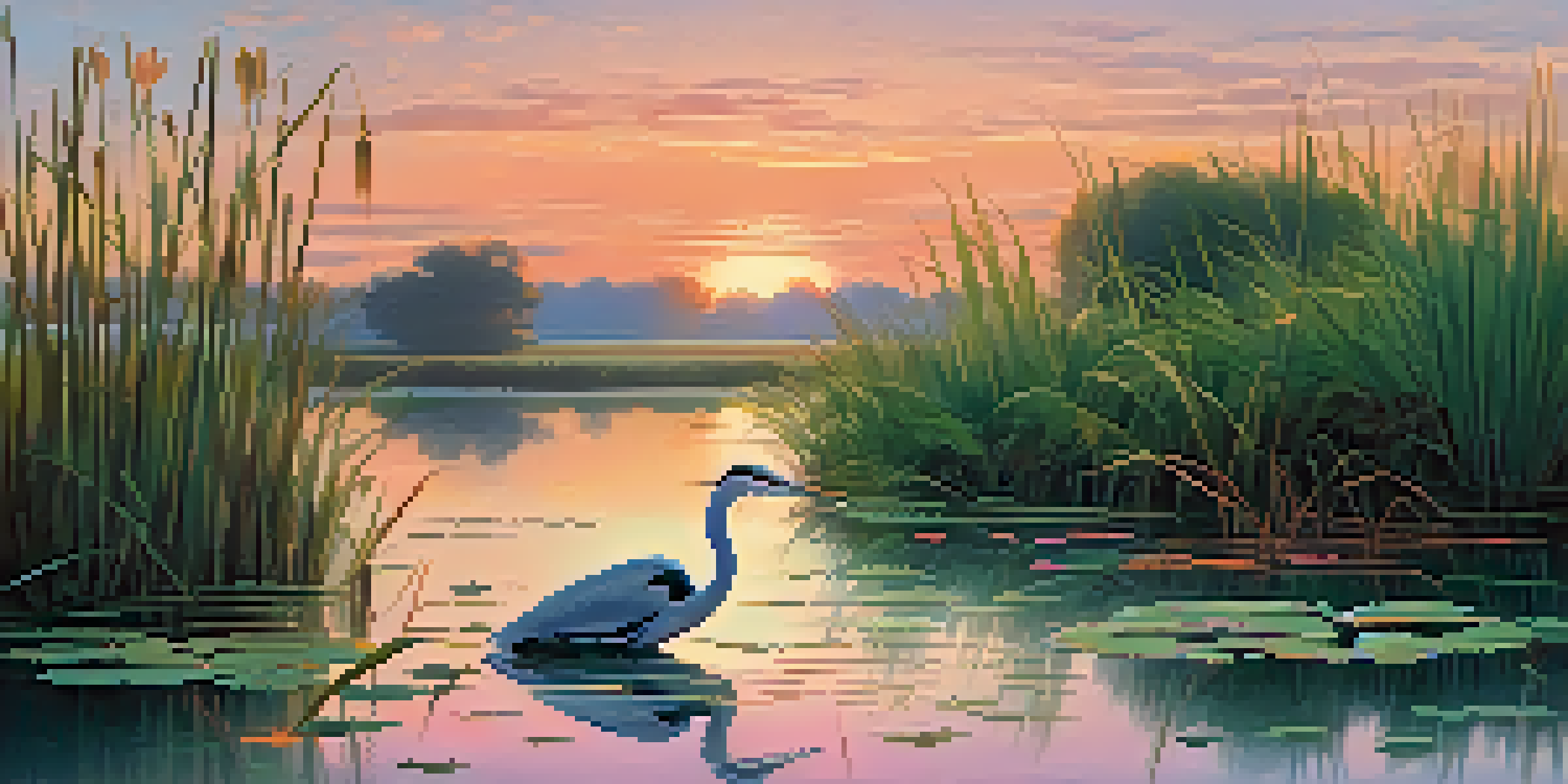 A tranquil wetland scene at sunrise with reeds, water lilies, and a heron reflecting vibrant colors in the water.