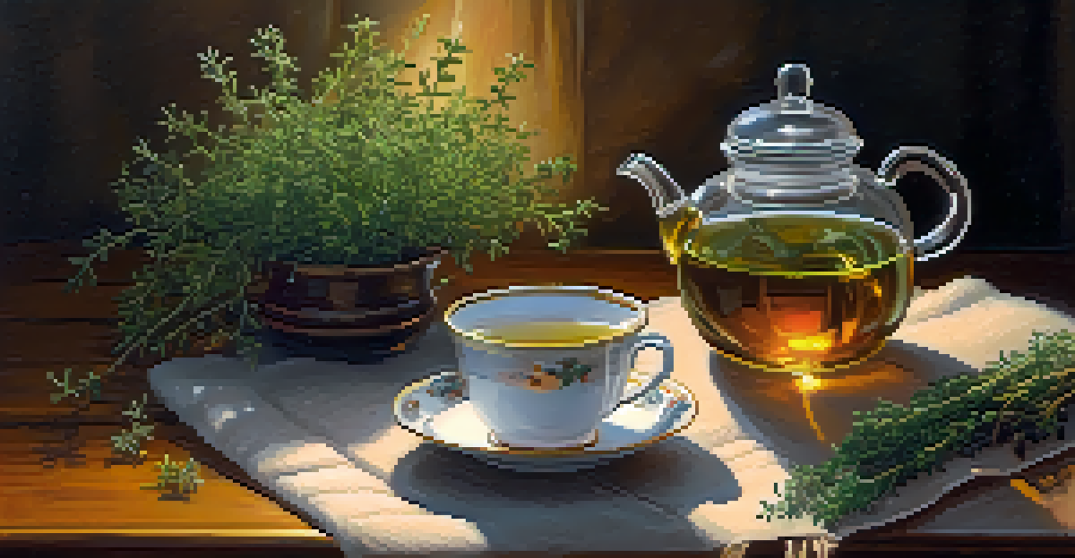 A cozy tea setup with a cup of thyme herbal tea, fresh thyme sprigs, and a candle, creating a warm atmosphere.