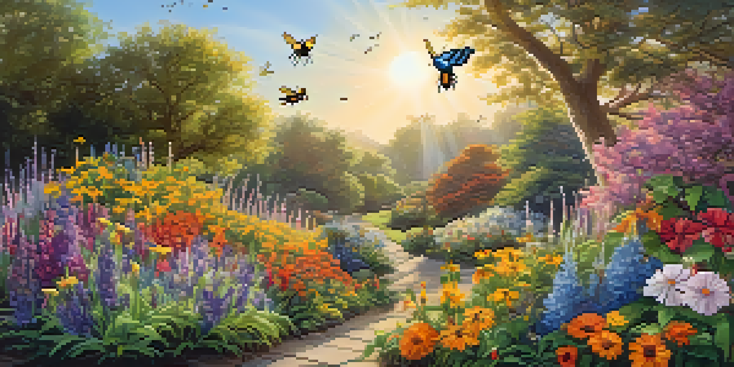 A colorful garden with flowers, bees, butterflies, and birds under bright sunlight, illustrating the pollination process.