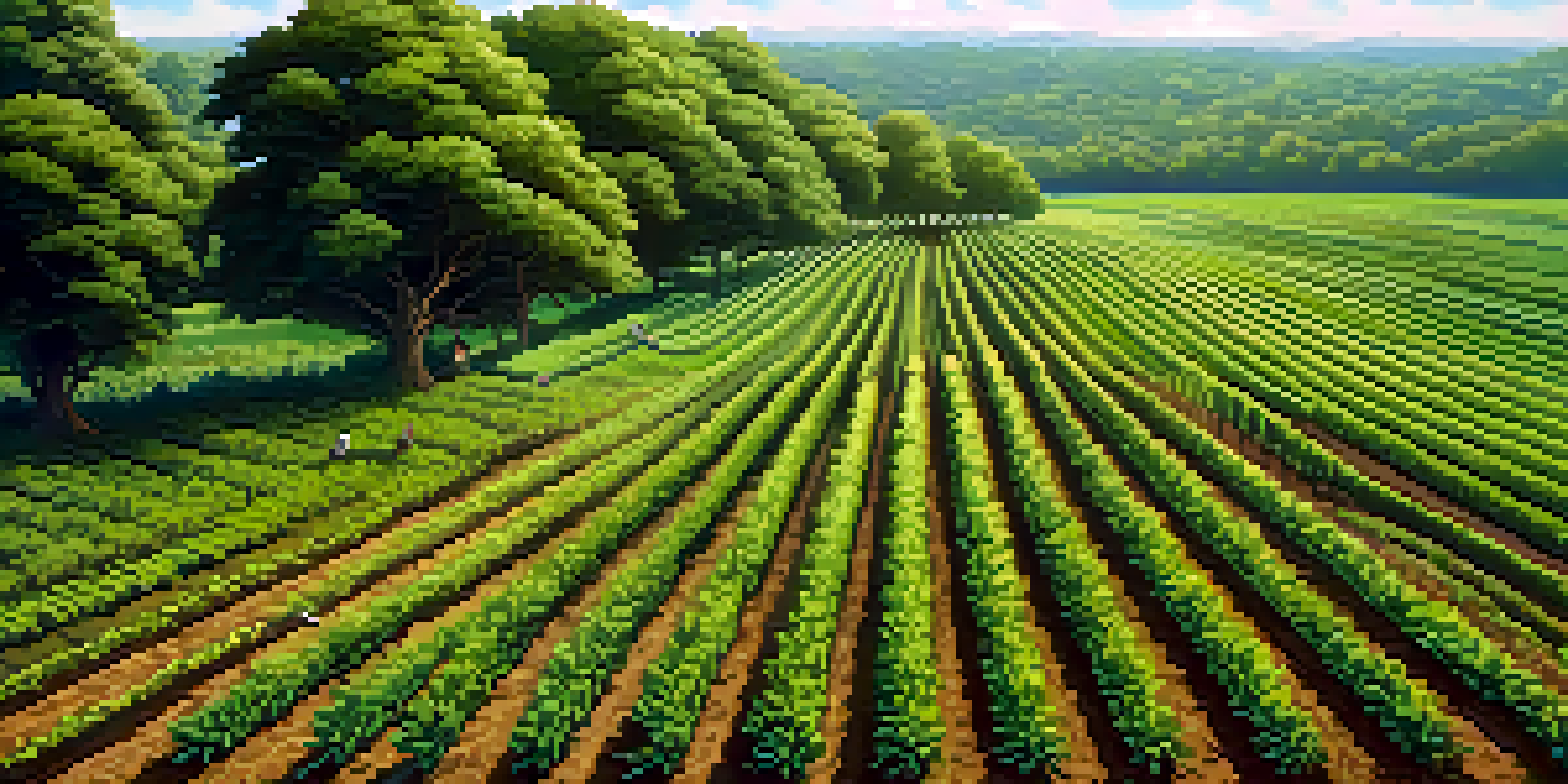 A sunny agroforestry landscape with crops and trees, rich in green colors and a clear blue sky.