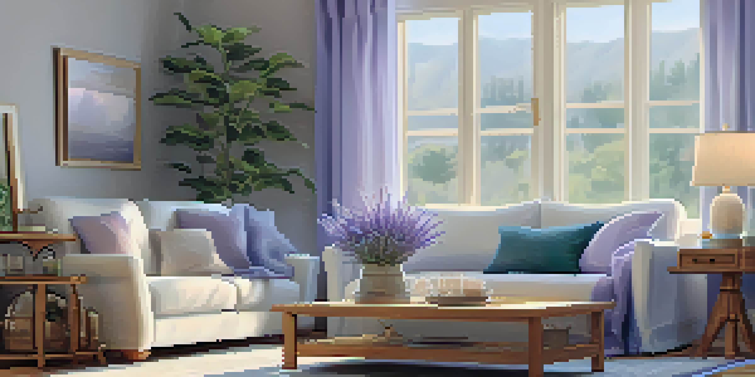 A cozy living room with a diffuser and a potted lavender plant, illuminated by soft sunlight.