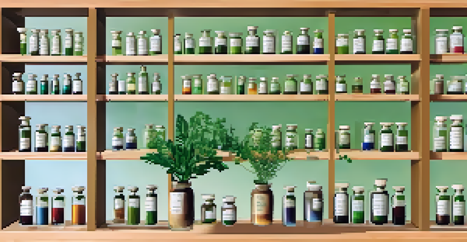 A shelf filled with glass vials of homeopathic remedies, surrounded by green plants and soft lighting.