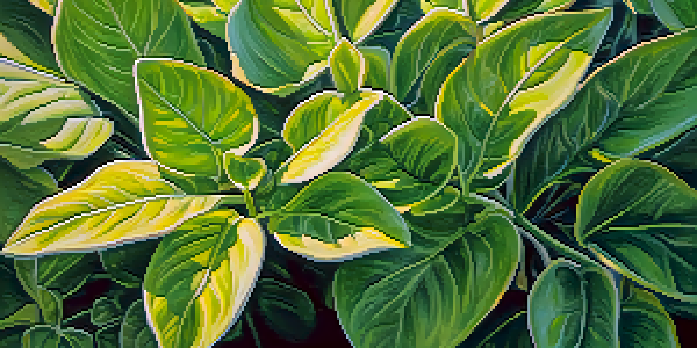 A healthy green plant next to yellowing leaves, showing signs of iron deficiency, with sunlight illuminating the scene.