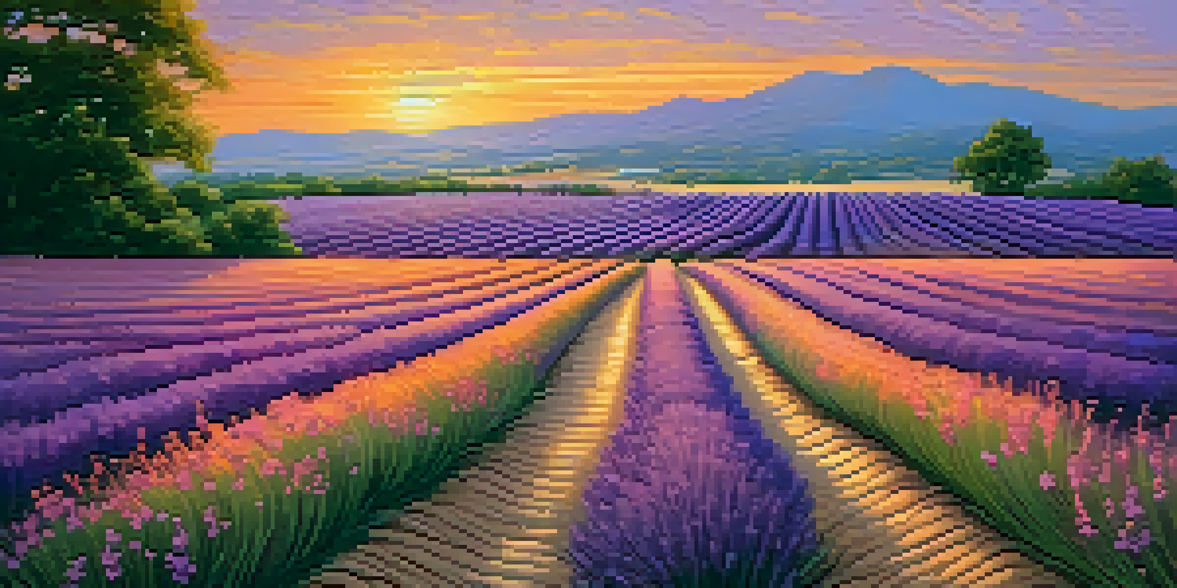 A beautiful lavender field with purple flowers under a golden sunset, with a winding path through the blooms.