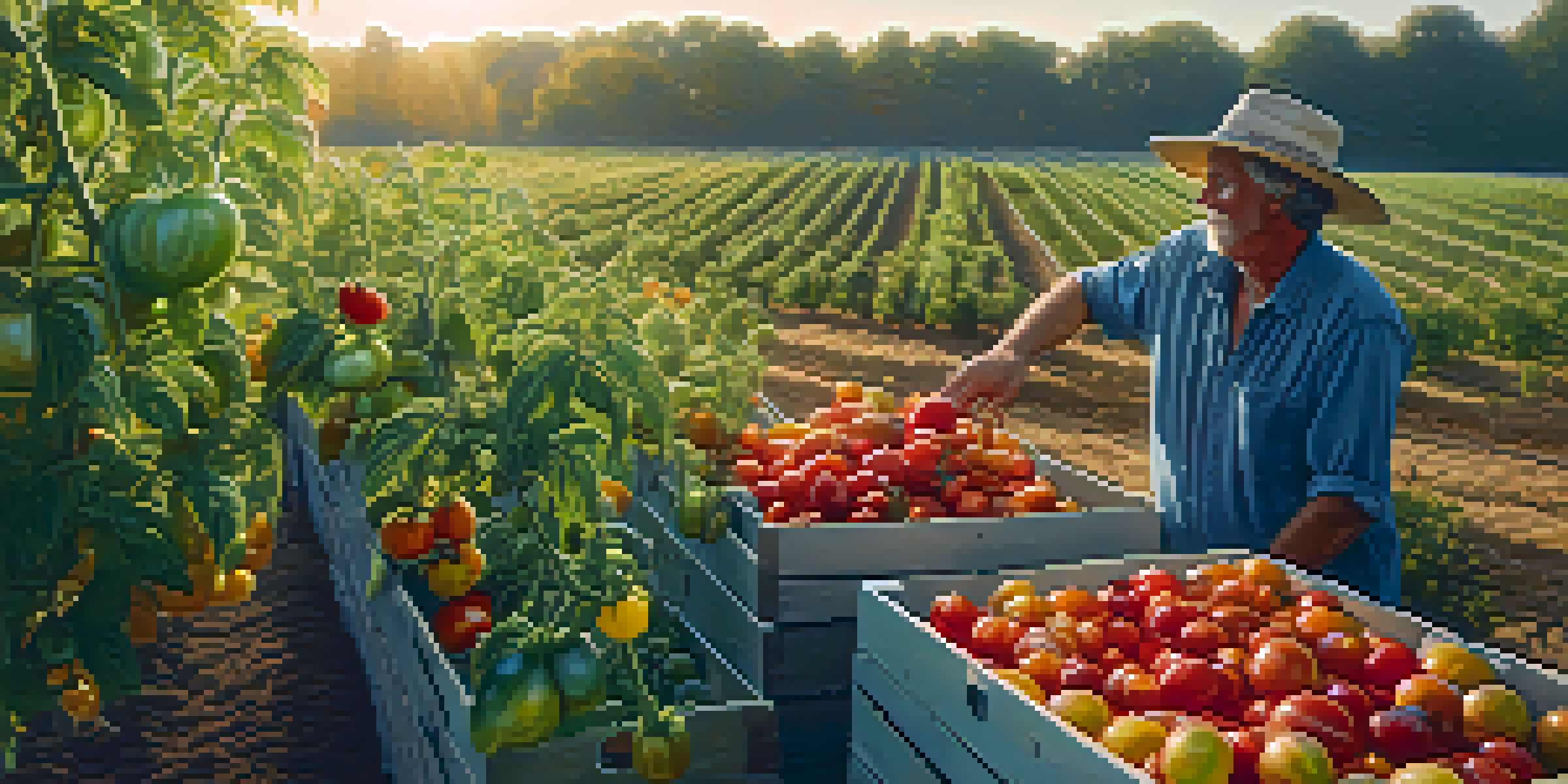 A farmer harvesting colorful heirloom tomatoes in a lush field during sunset, emphasizing the diversity of crops.
