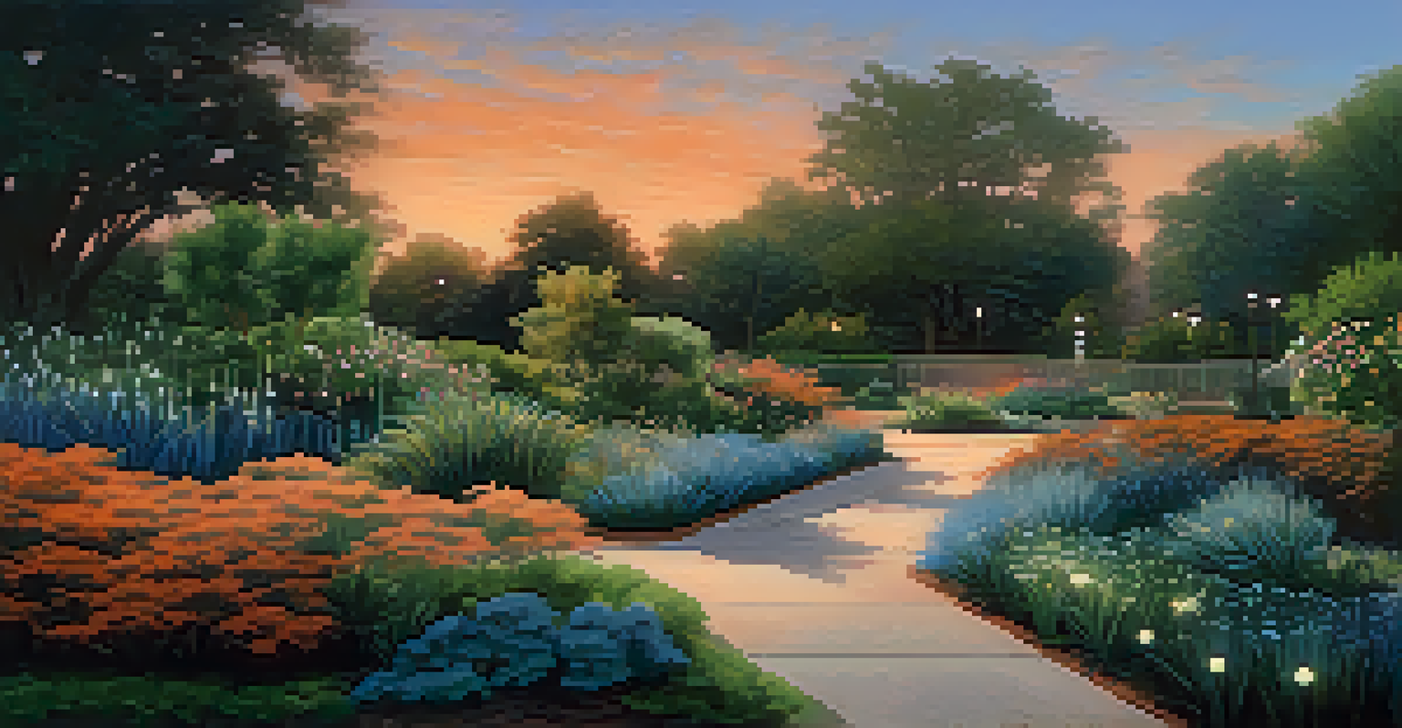 A botanical garden at dusk with smart irrigation systems and illuminated pathways.
