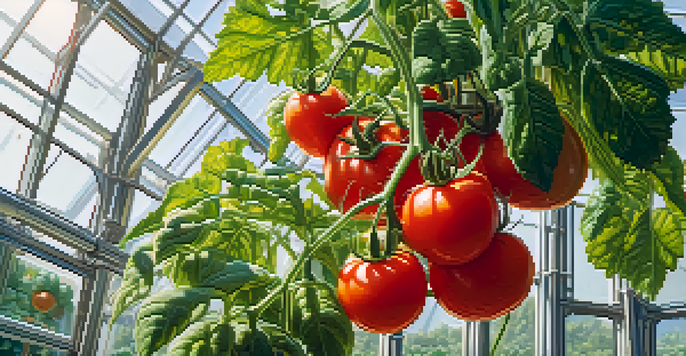A close-up of a bright red tomato plant in a greenhouse, showcasing lush green leaves and sunlight filtering through glass.