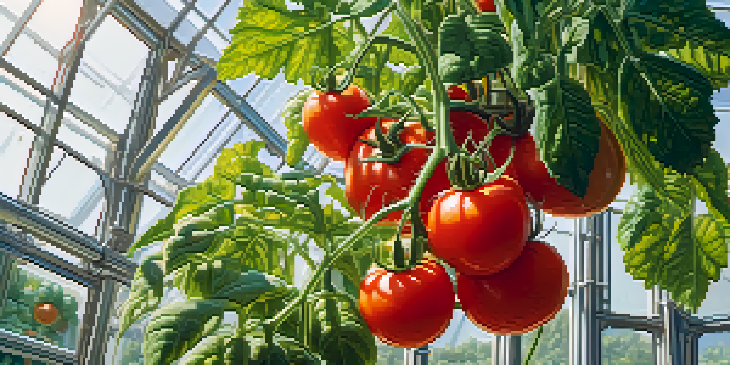 A close-up of a bright red tomato plant in a greenhouse, showcasing lush green leaves and sunlight filtering through glass.