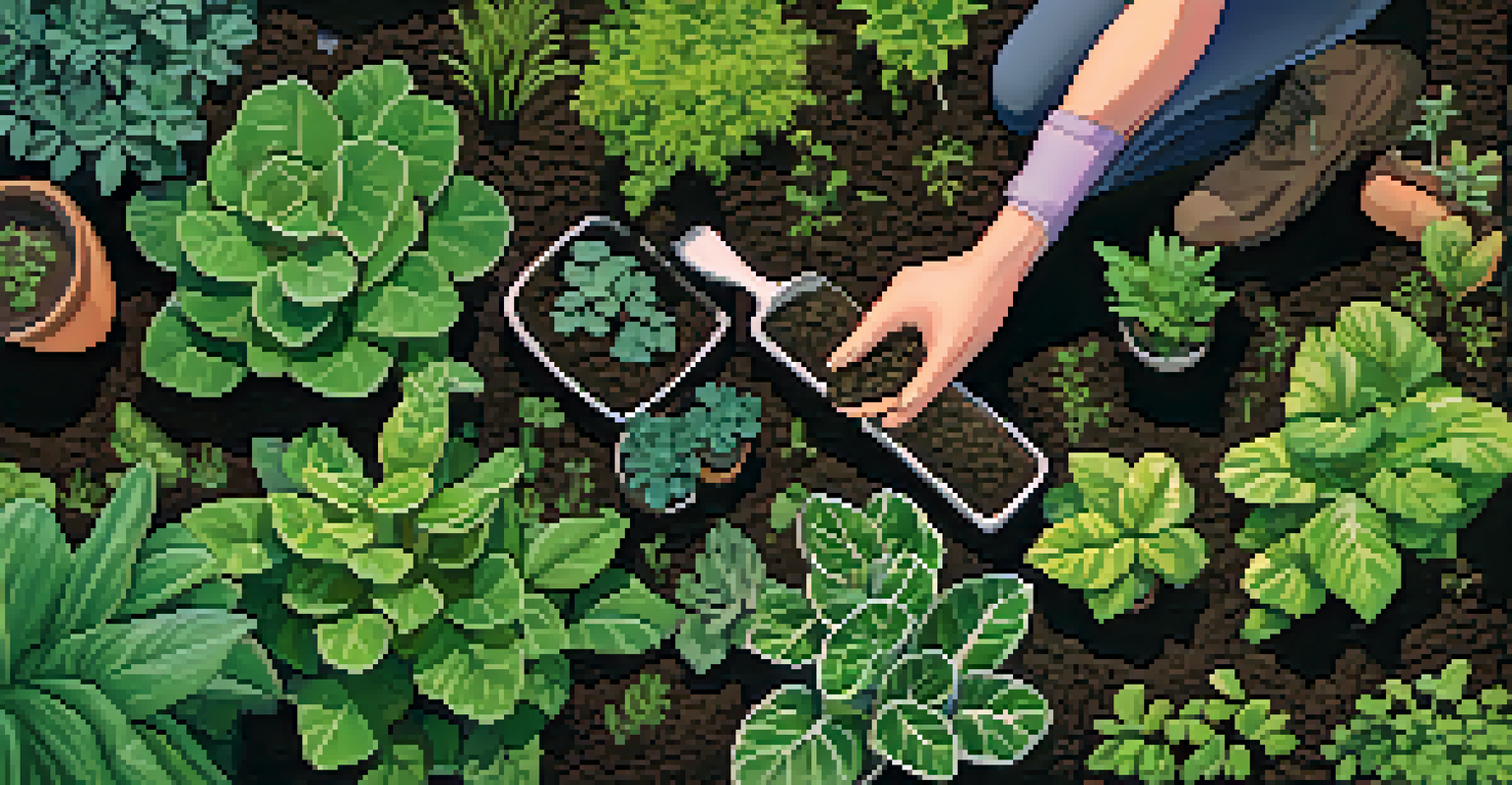 An overhead view of a garden bed with plants showing nutrient deficiency signs and a gardener applying compost.