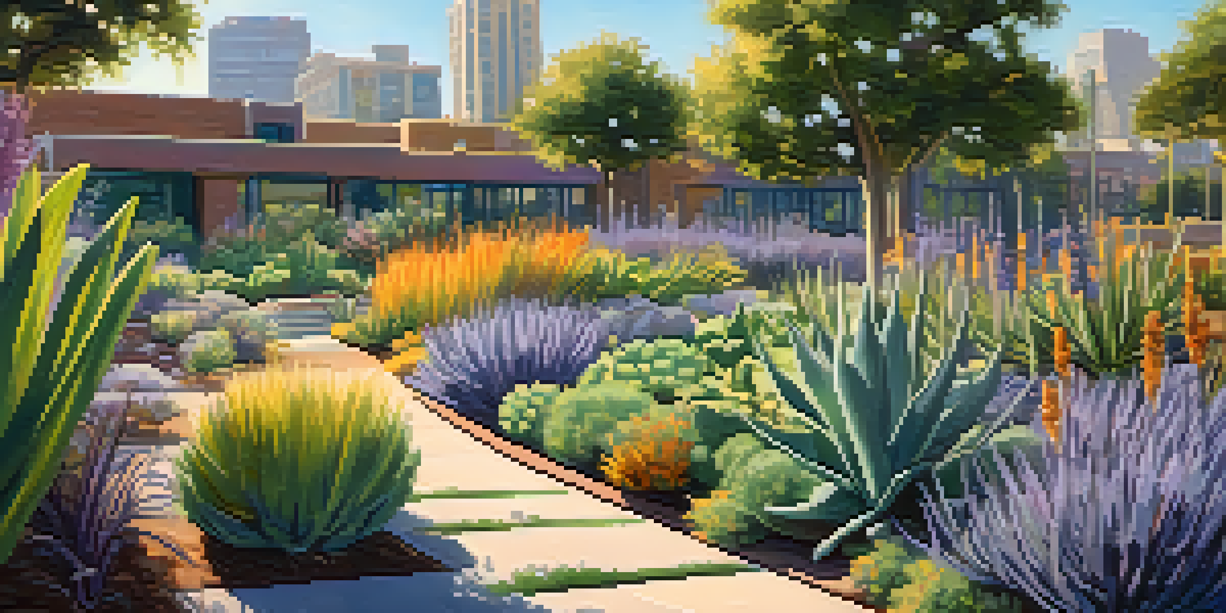 A colorful urban garden filled with drought-resistant plants like lavender and succulents, surrounded by modern buildings, with bees and butterflies flying around.
