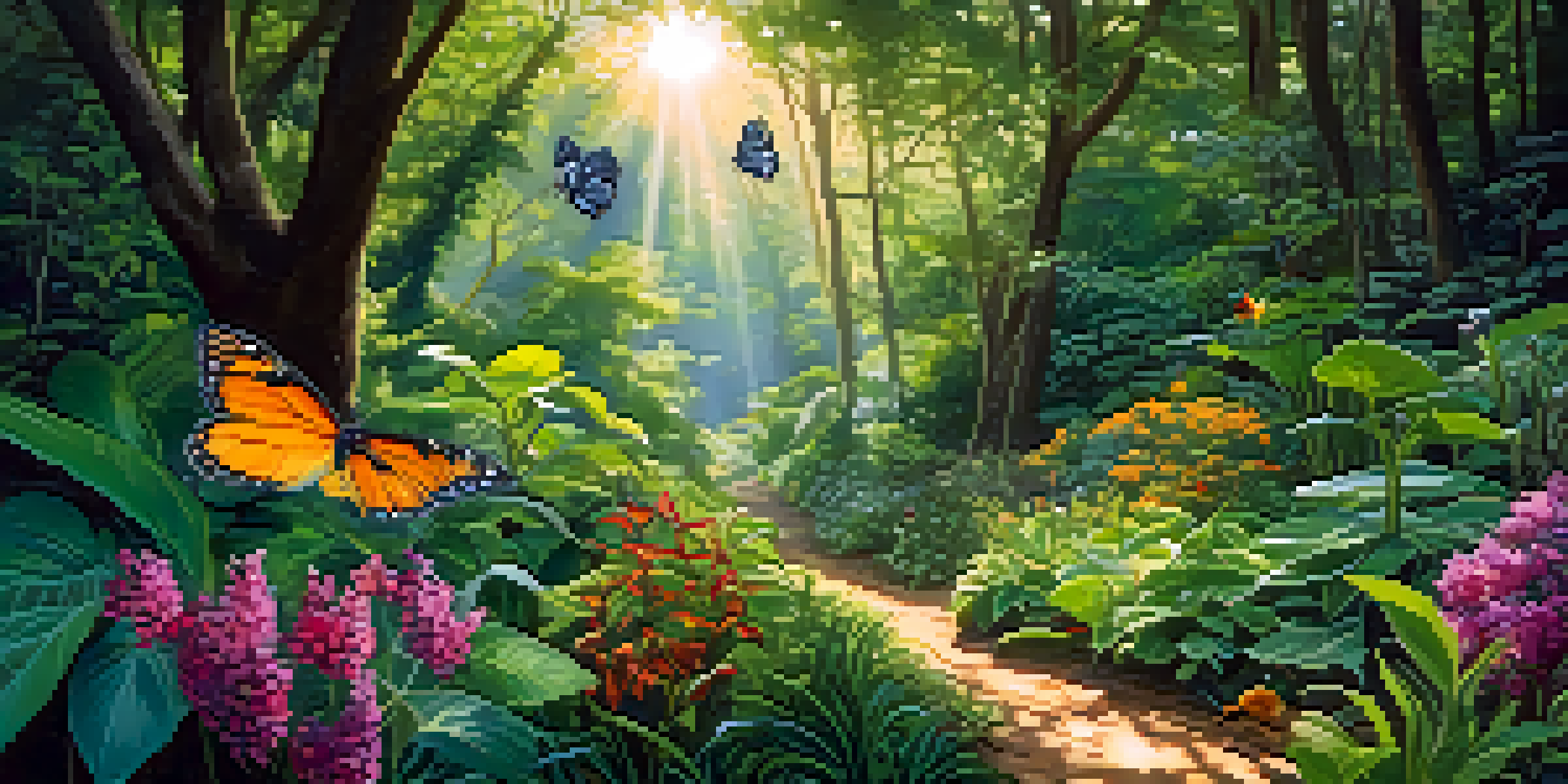 A lush food forest with diverse plants, sunlight filtering through the leaves, and butterflies fluttering among flowers.