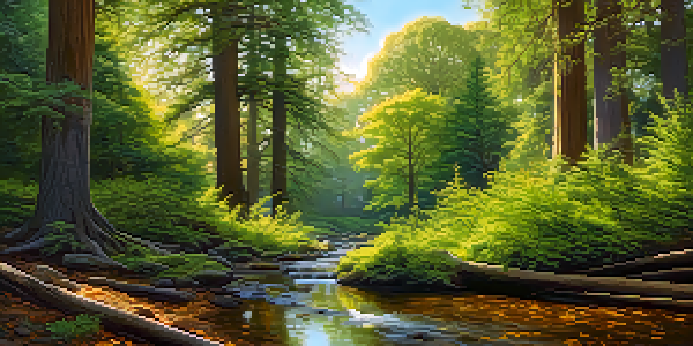 A tranquil forest with tall oak and sequoia trees, sunlight streaming through the leaves, and a stream flowing through the lush greenery.