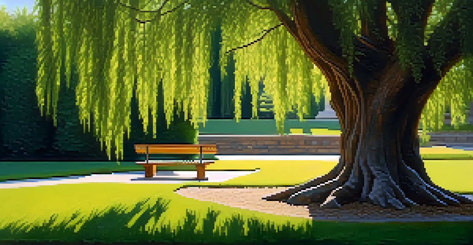 A peaceful garden with a willow tree and a wooden bench underneath, surrounded by green grass and sunlight filtering through the leaves.
