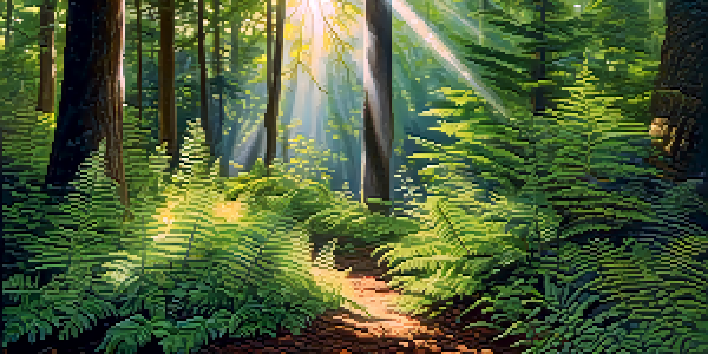 A vibrant forest with sunlight filtering through trees, highlighting diverse plant life and shadows on the ground.