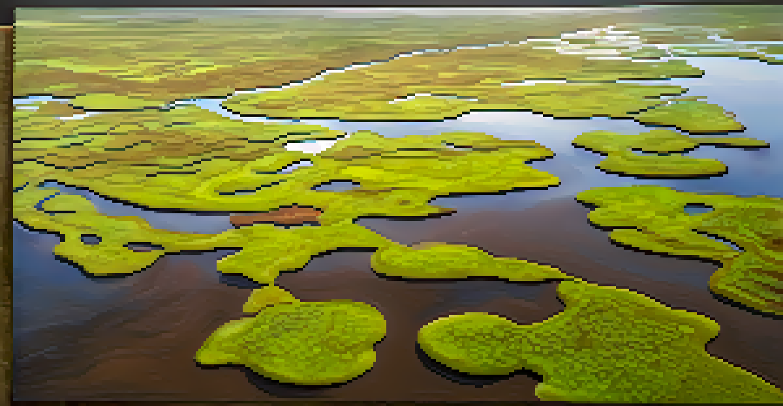 An overhead view of a peatland wetland with distinct patterns of water and vegetation illuminated by sunlight.