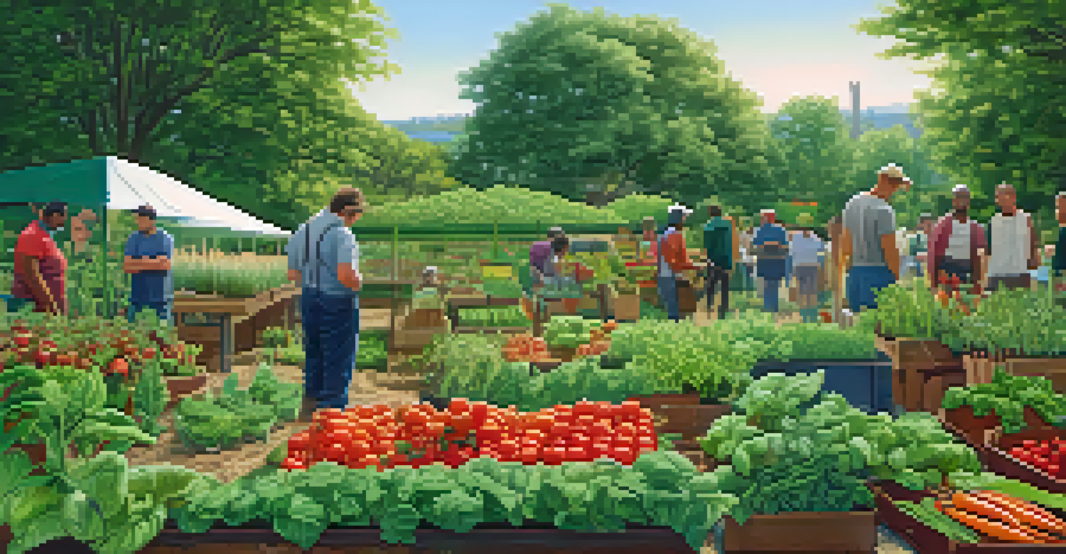 A colorful community garden with diverse crops and farmers collaborating in the background.