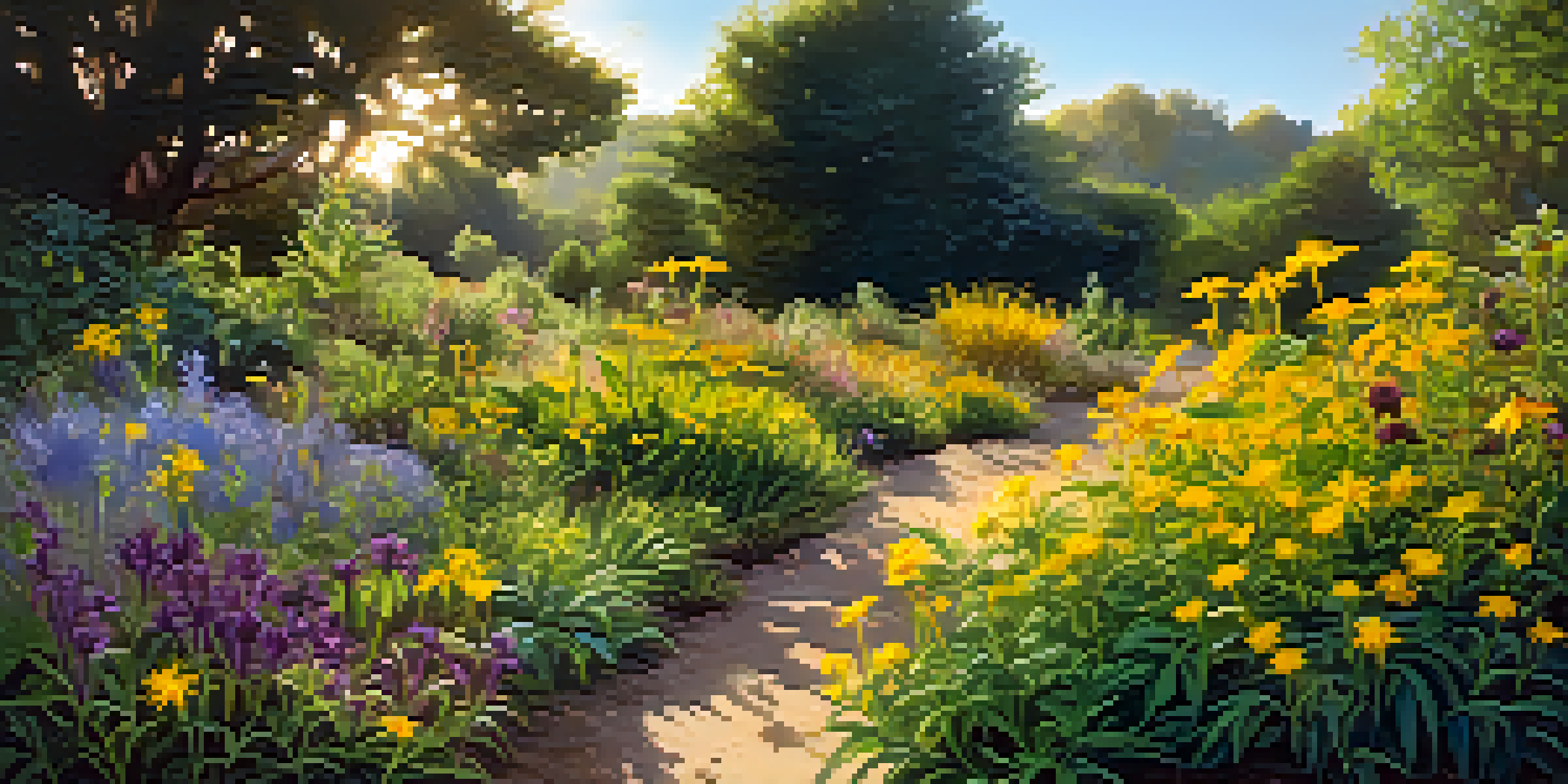 A vibrant garden featuring various medicinal plants like Arnica montana and St. John's Wort, illuminated by sunlight.