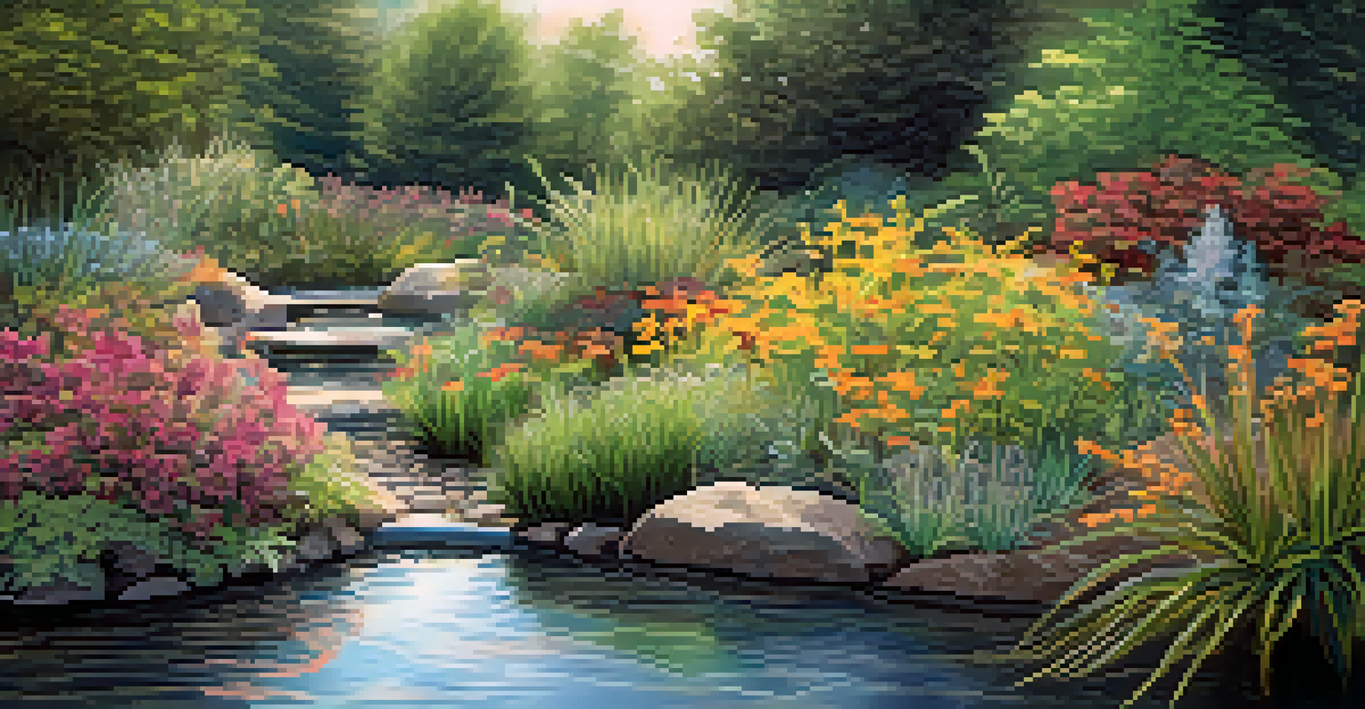 A close-up view of a rain garden with native plants, flowers, and a gentle stream under bright sunlight.