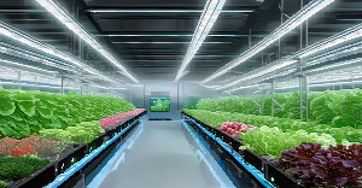 A modern hydroponic farm with vertical racks of leafy greens illuminated by bright artificial lights.