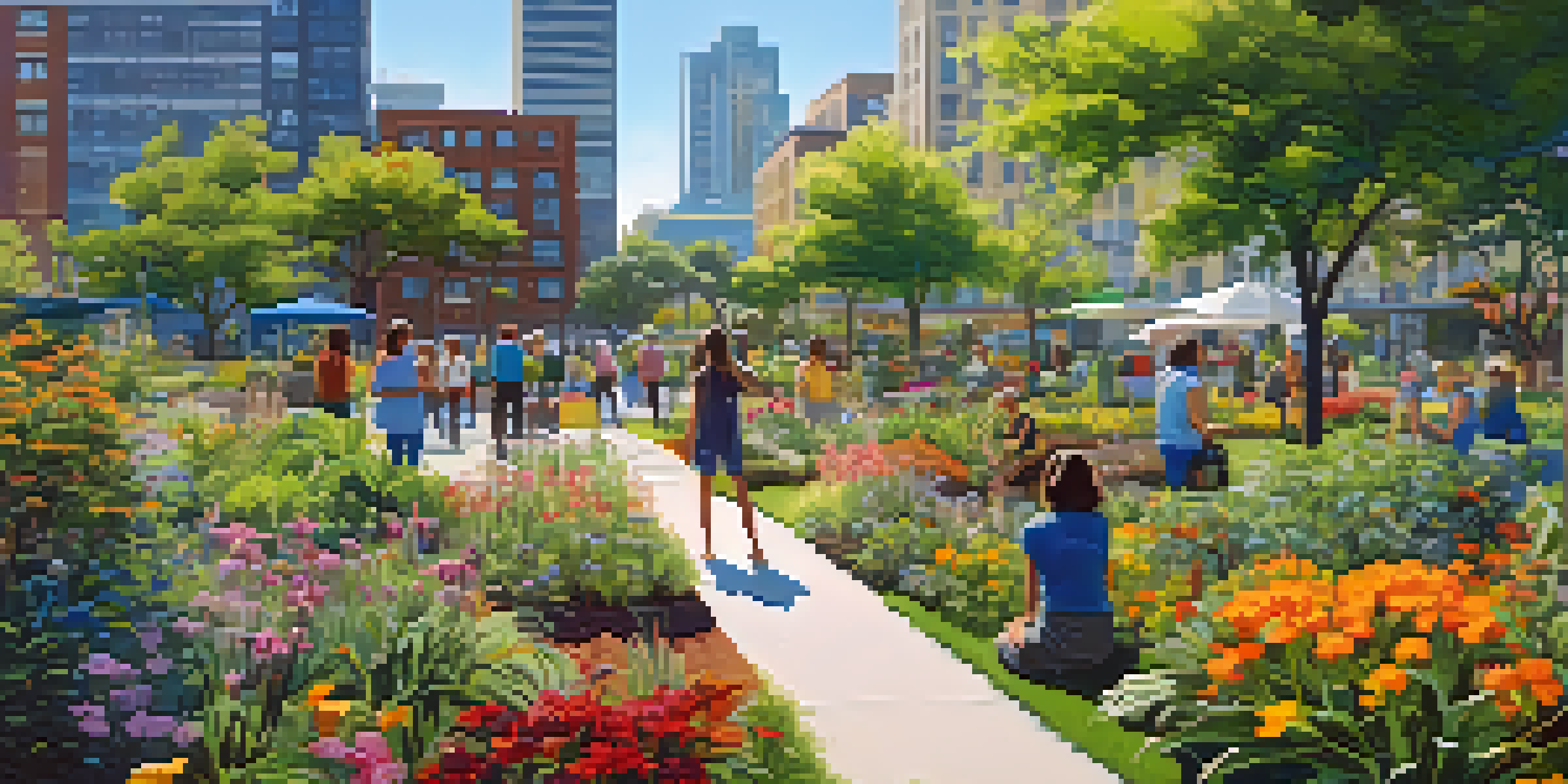 A lively urban park with native plants, diverse flowers, and trees, showcasing a community garden and city buildings in the background.