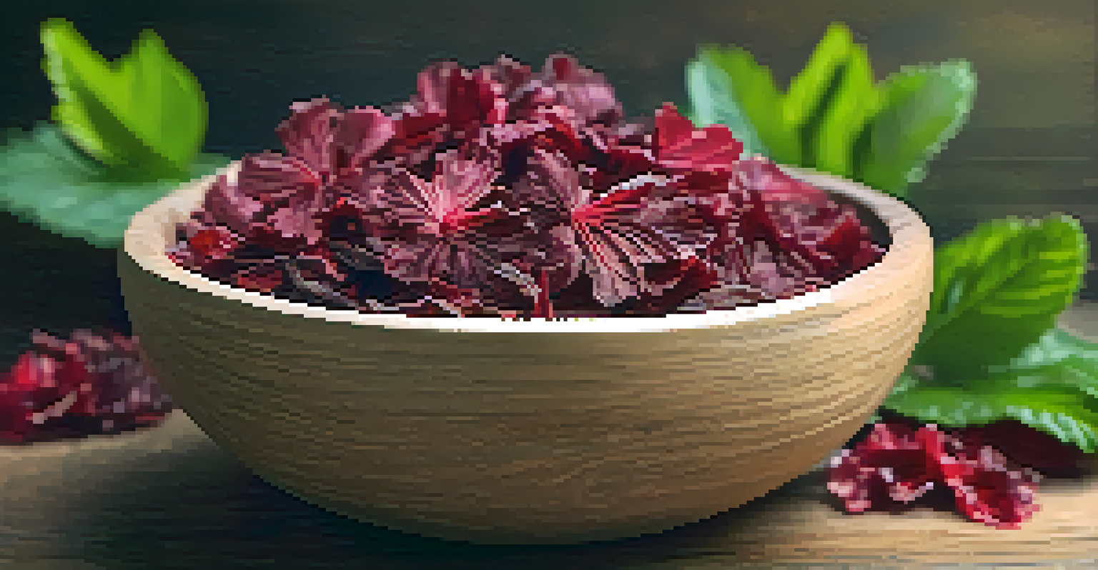 A close-up of a colorful herbal tea blend with hibiscus, ginger, and peppermint in a wooden bowl, set against a softly blurred background.