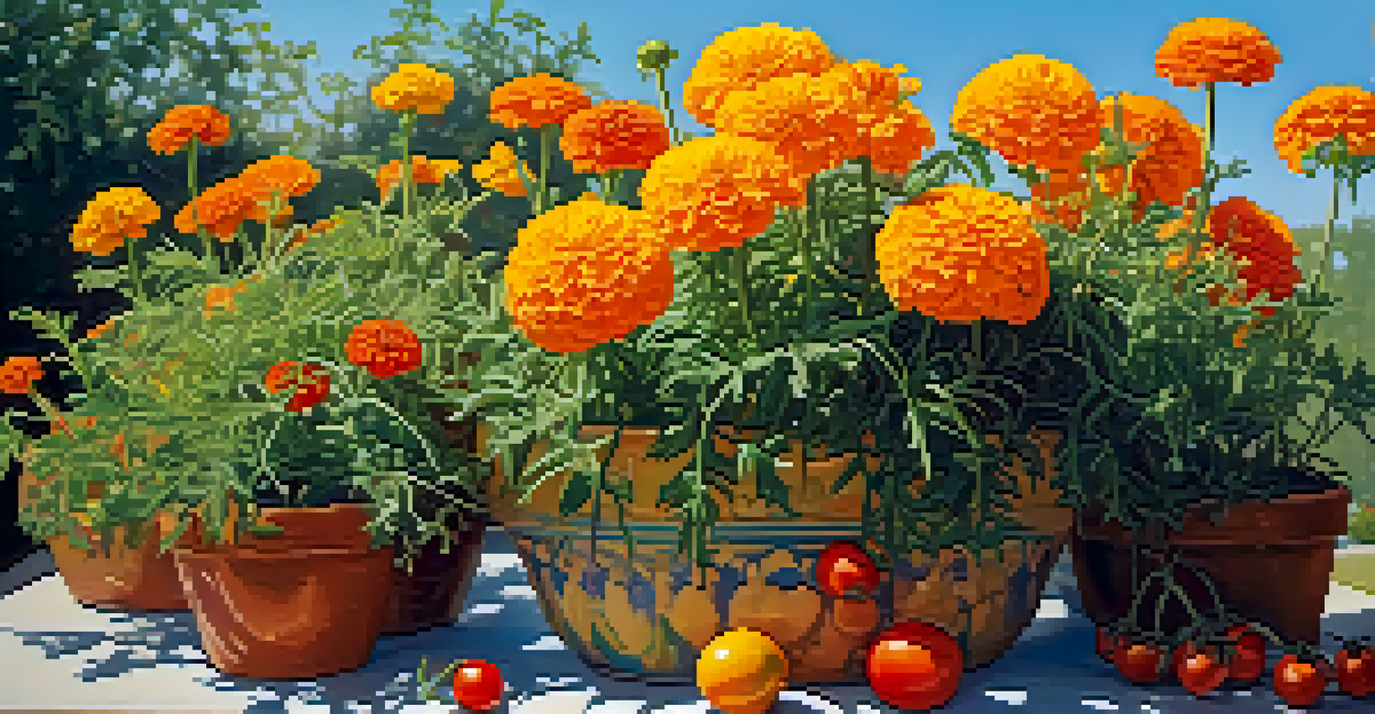 A sunny garden featuring marigold flowers blooming around tall tomato plants, with a clear blue sky above.