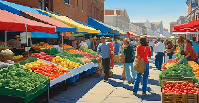 A busy market filled with colorful fresh fruits and vegetables, with shoppers and vendors in a sunny outdoor setting.