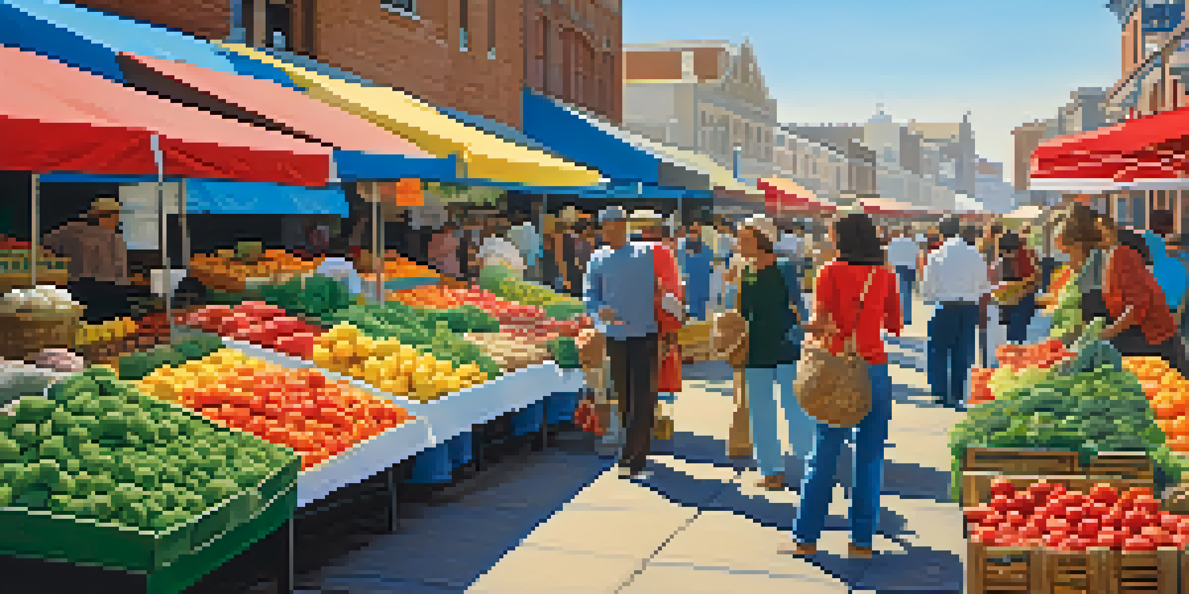 A busy market filled with colorful fresh fruits and vegetables, with shoppers and vendors in a sunny outdoor setting.