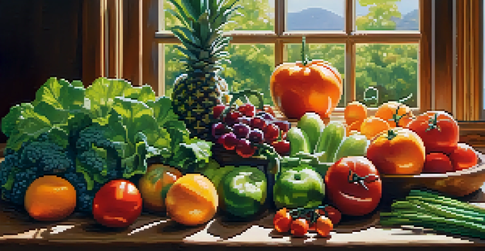 A colorful assortment of fresh fruits and vegetables on a wooden table, illuminated by sunlight.