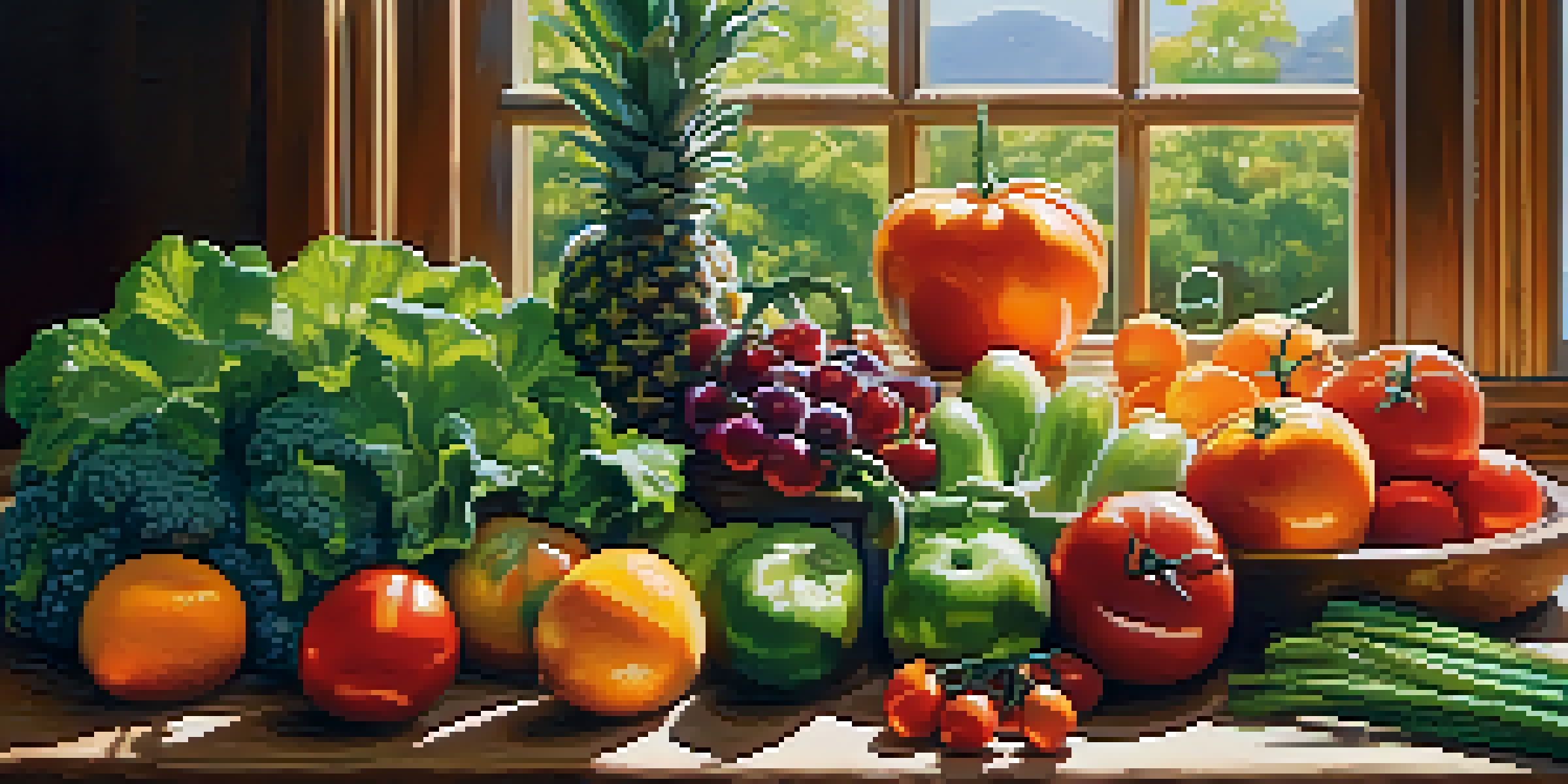 A colorful assortment of fresh fruits and vegetables on a wooden table, illuminated by sunlight.