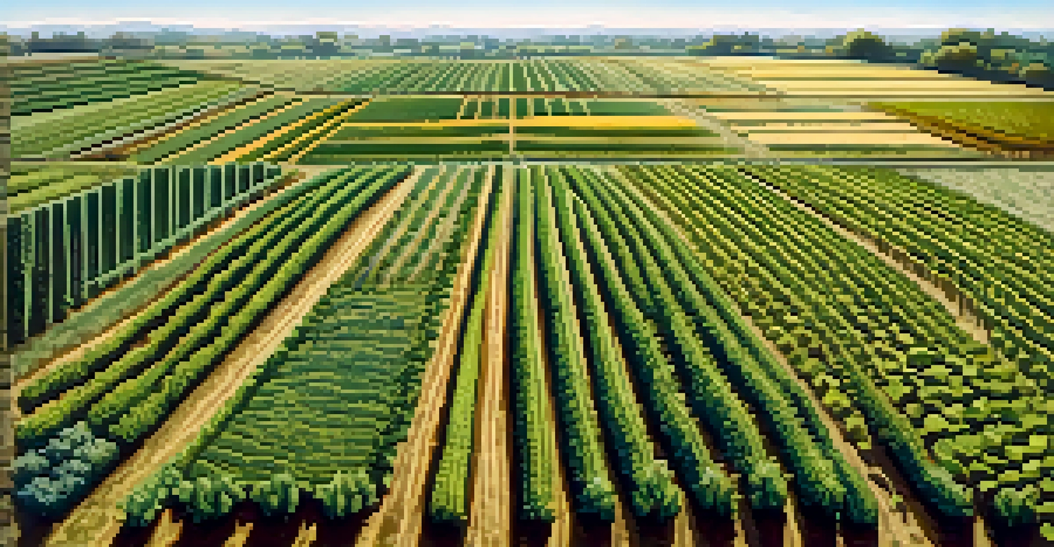 An aerial view of a mixed-crop agricultural field showcasing intercropping with various plants.