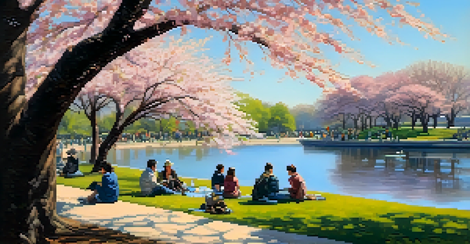 A vibrant scene of cherry blossom trees in bloom around the Tidal Basin with people having a picnic on the grass and enjoying the beautiful day.