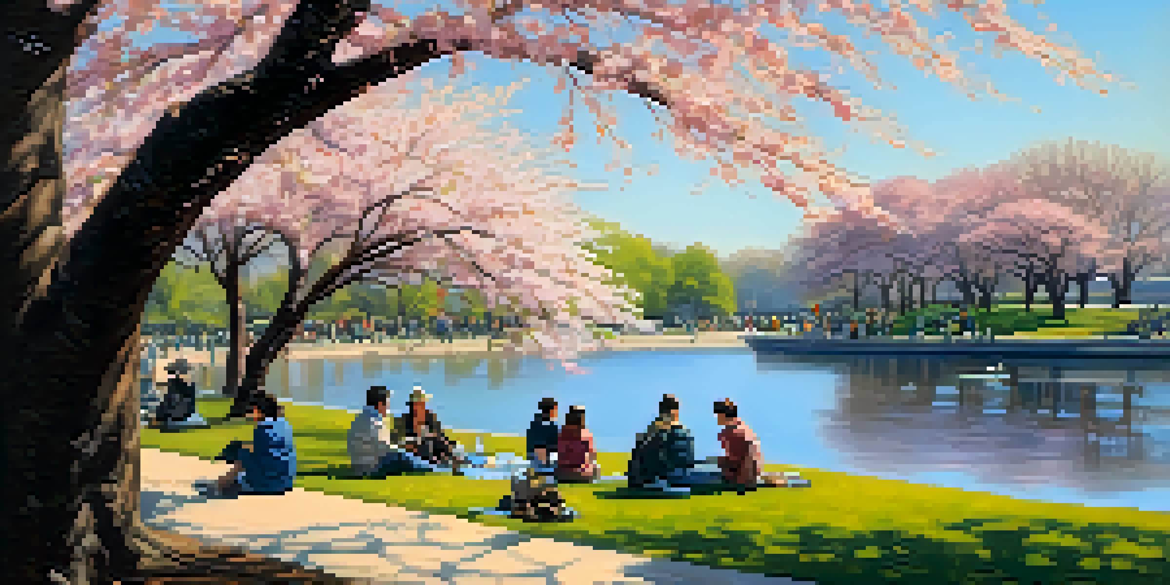 A vibrant scene of cherry blossom trees in bloom around the Tidal Basin with people having a picnic on the grass and enjoying the beautiful day.