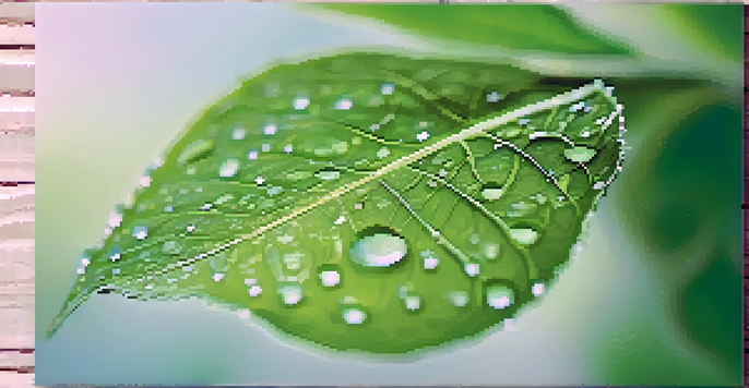 A close-up of a green leaf with dew drops, showcasing its intricate texture against a blurred garden background.