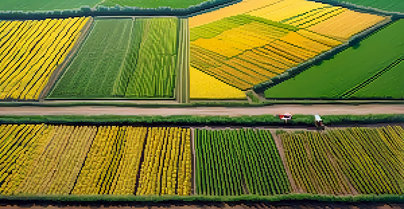 An aerial view of a farm with diverse crop rotation, featuring green legumes and golden grains in neat rows.