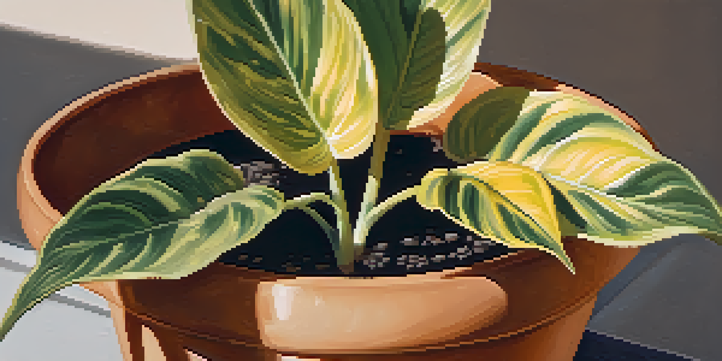 A potted plant with yellowing leaves, indicating overwatering, in a terracotta pot with wet soil, illuminated by soft natural light.