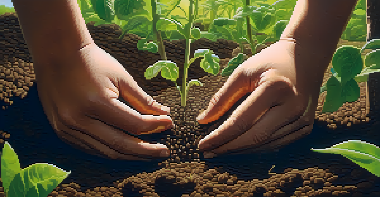 A detailed close-up of rich, healthy soil with roots and small plants, illuminated by sunlight, and a hand nurturing the earth.
