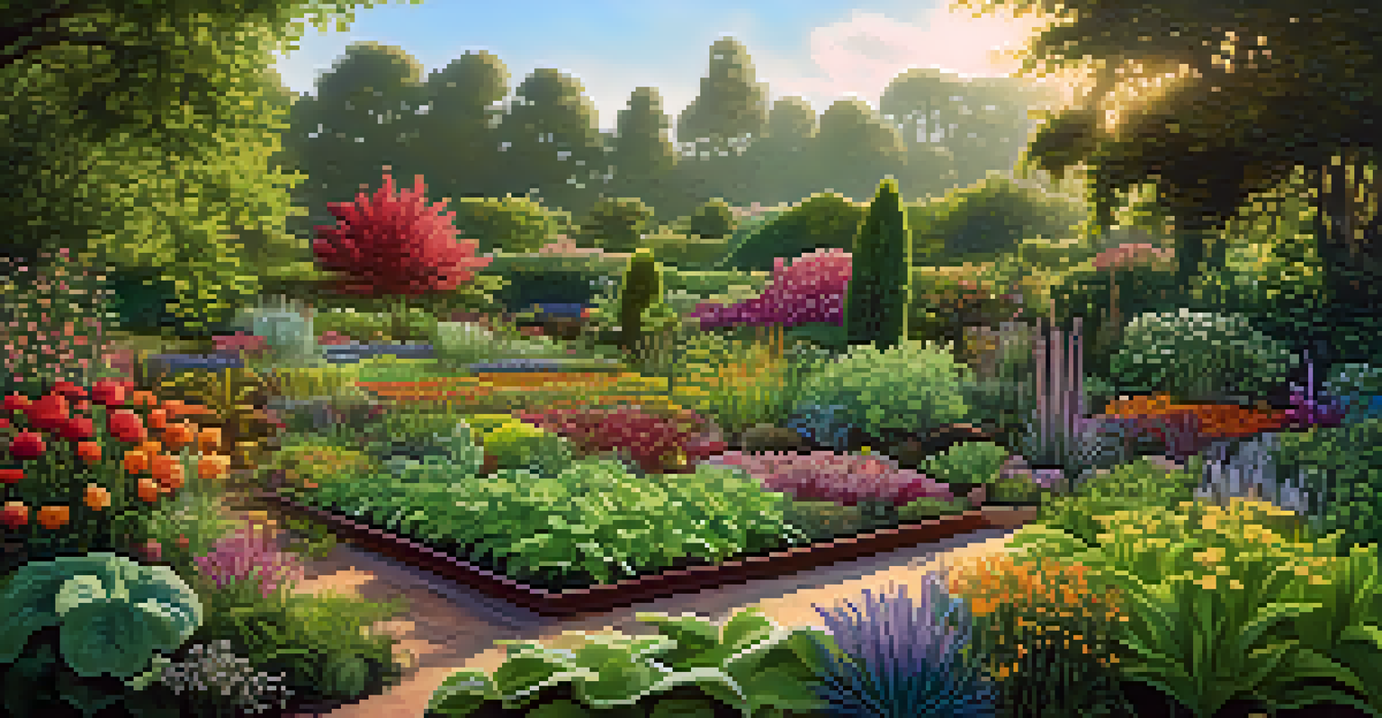 An expansive view of a lush garden with healthy plants and visible mycorrhizal fungi, under soft natural sunlight.