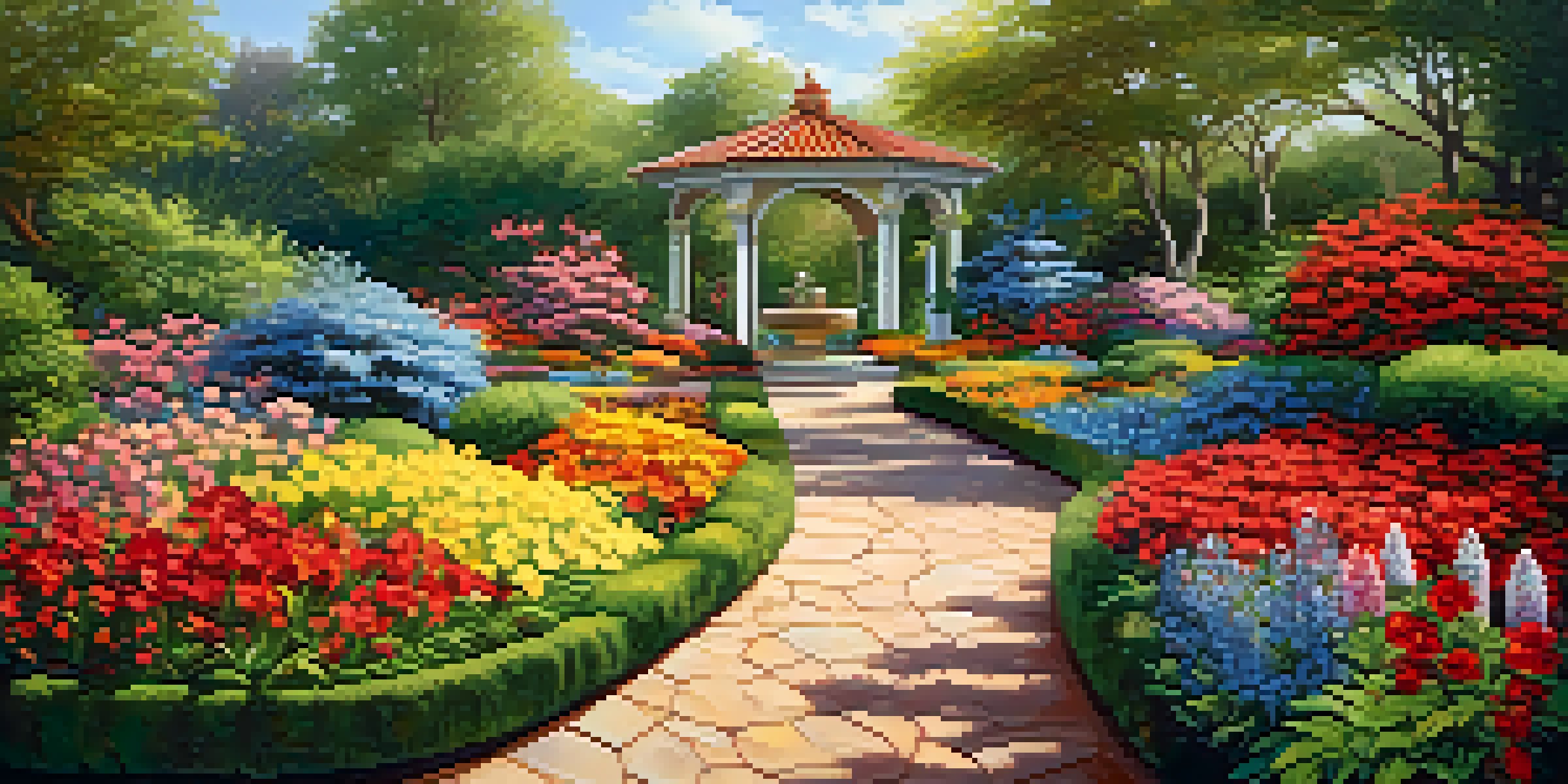 A vibrant botanical garden filled with colorful flowers and lush greenery under warm sunlight, with a winding path and butterflies.