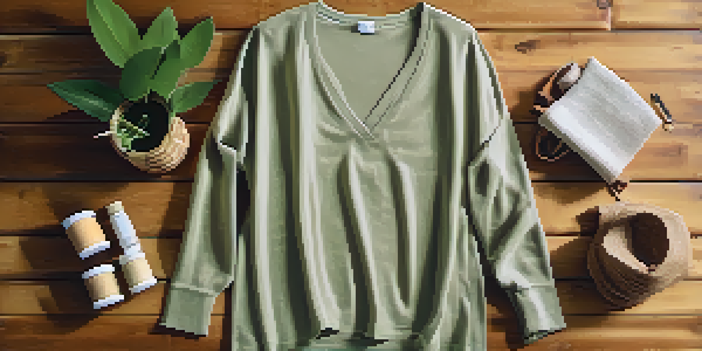 A flat lay of sustainable bamboo clothing with bamboo leaves on a wooden surface, showcasing various colors and textures.