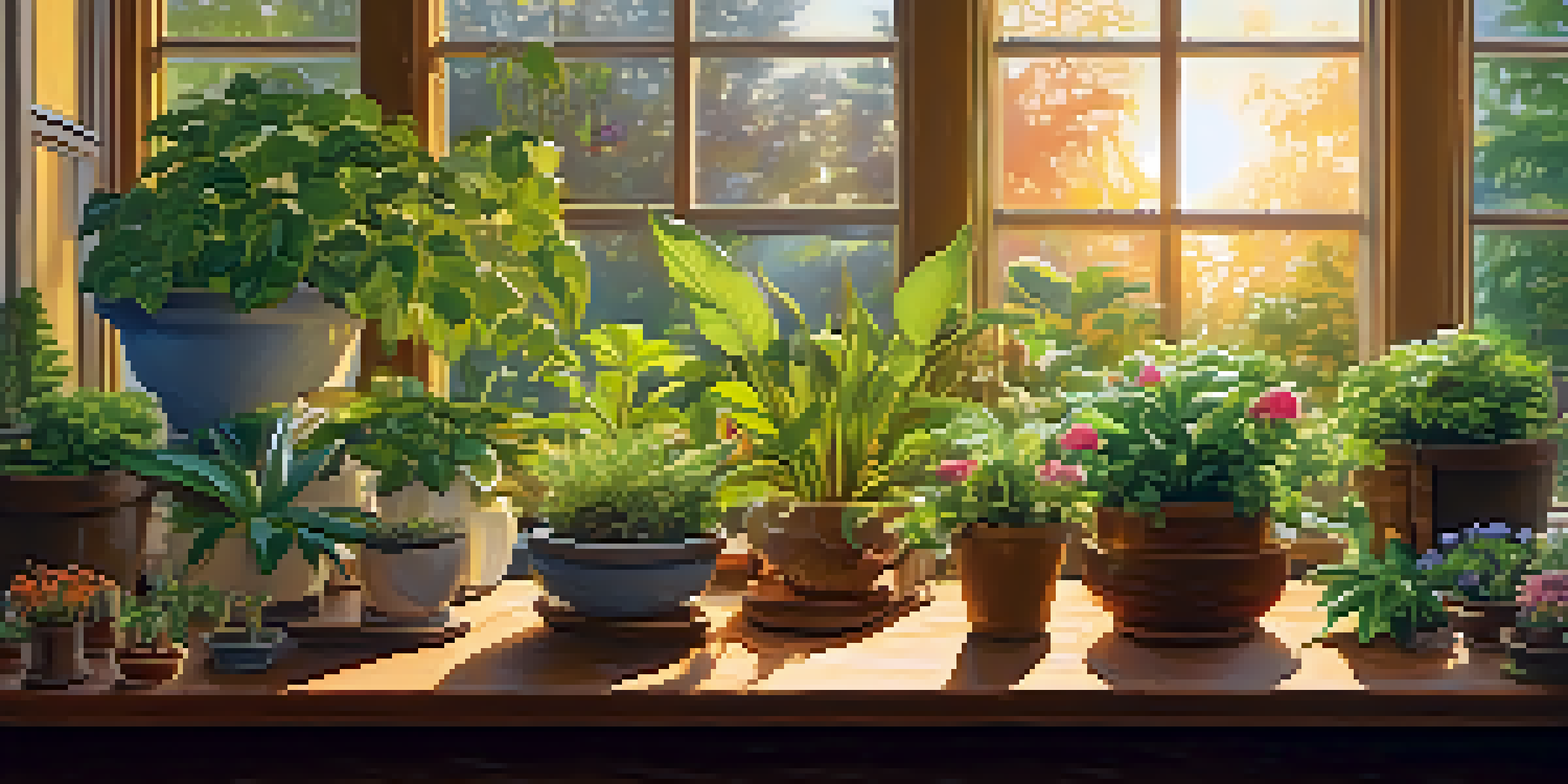 A peaceful garden with various plants in pots, showing vibrant green leaves and colorful flowers, illuminated by warm sunset light.