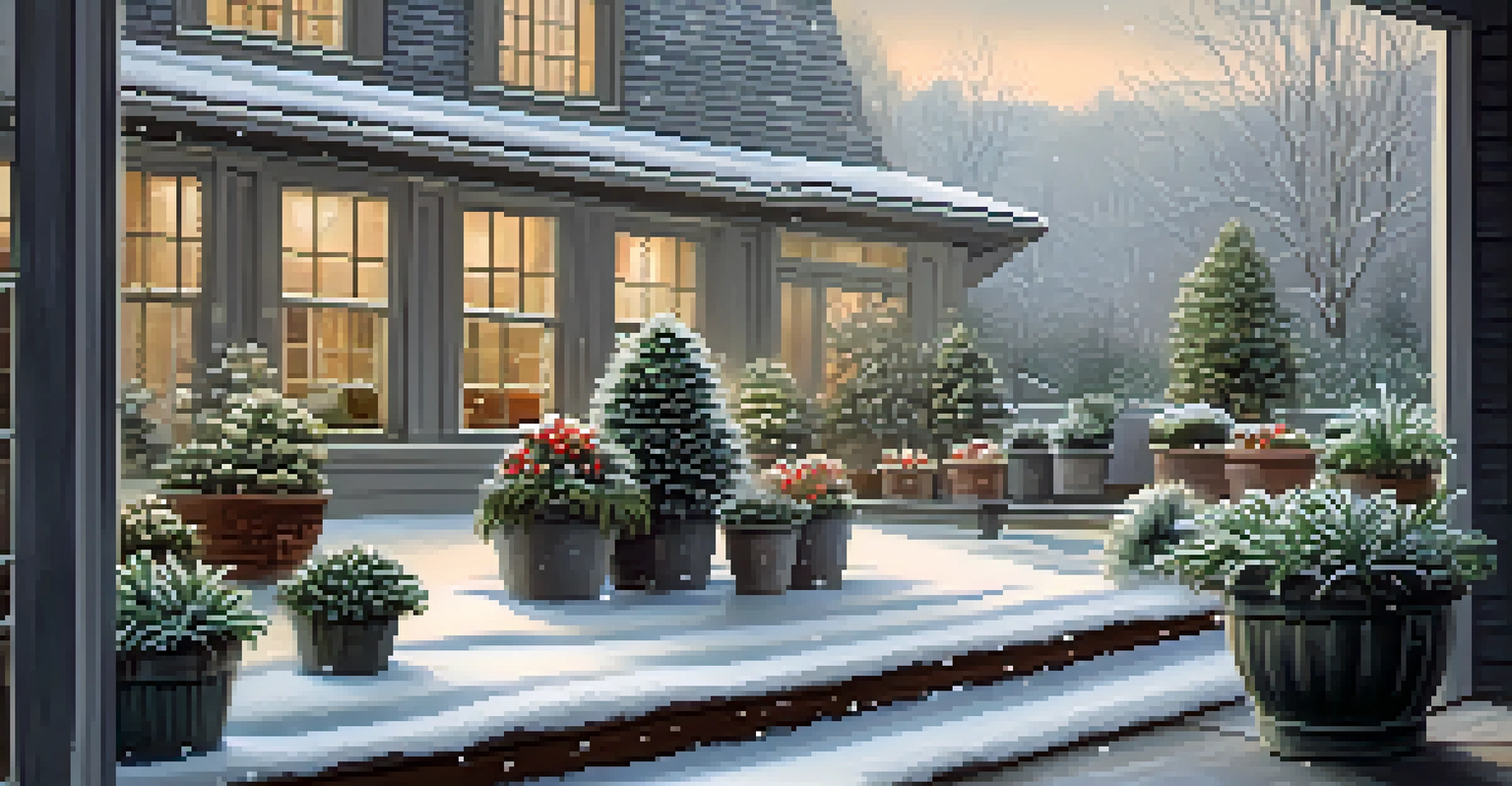 A winter garden with potted plants wrapped in burlap, gentle snowfall, and soft sunlight filtering through clouds.