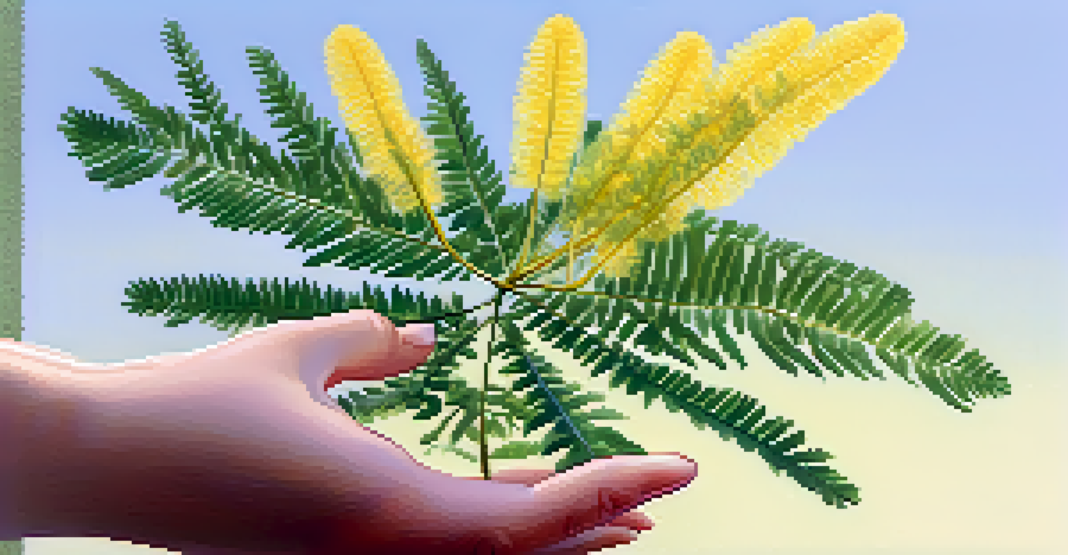 The sensitive plant Mimosa pudica with its leaves folding in response to touch, set against a natural background.