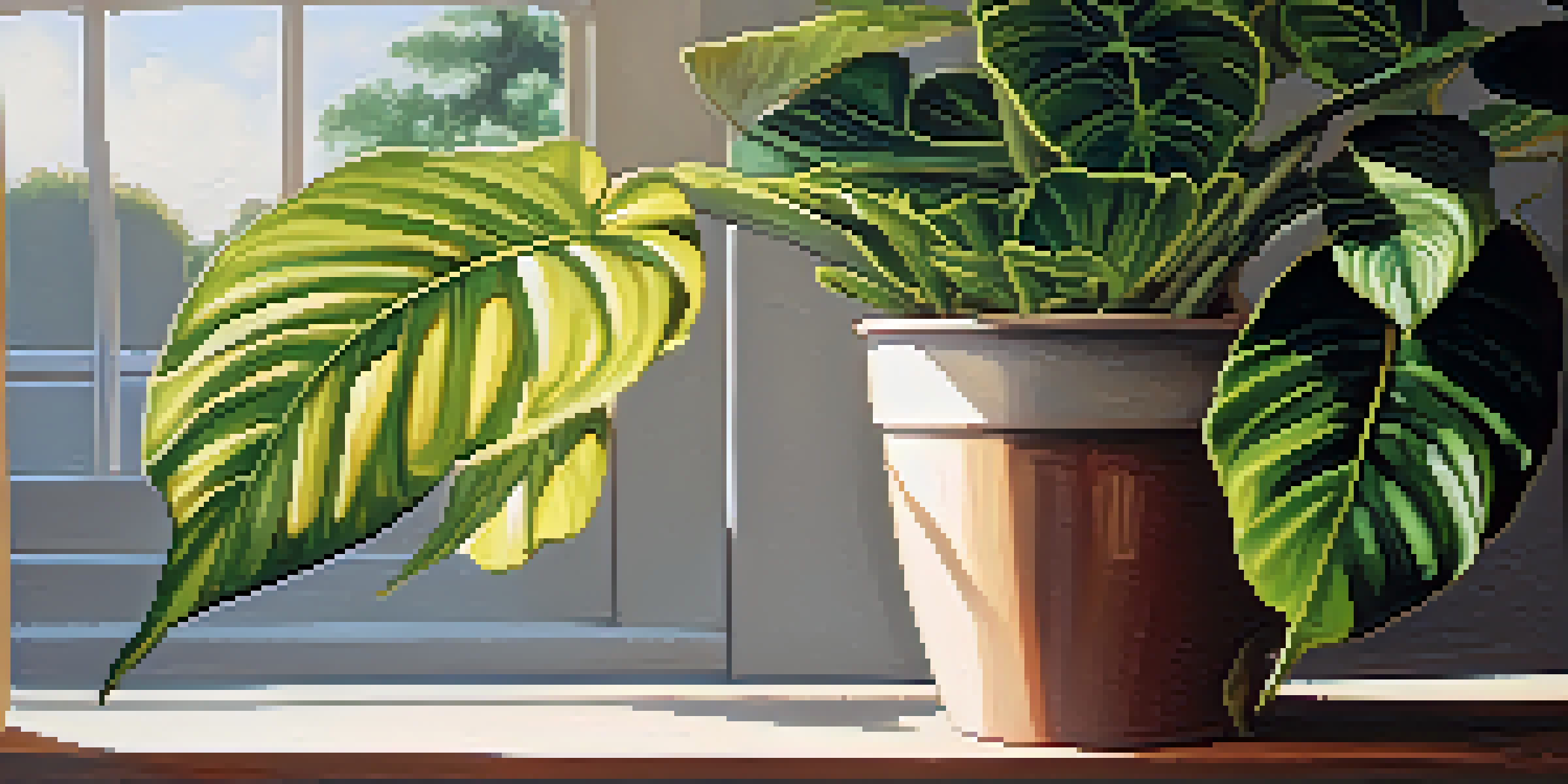 A close-up image of a houseplant with yellowing and mottled leaves, showing signs of viral infection, with soft sunlight in the background.