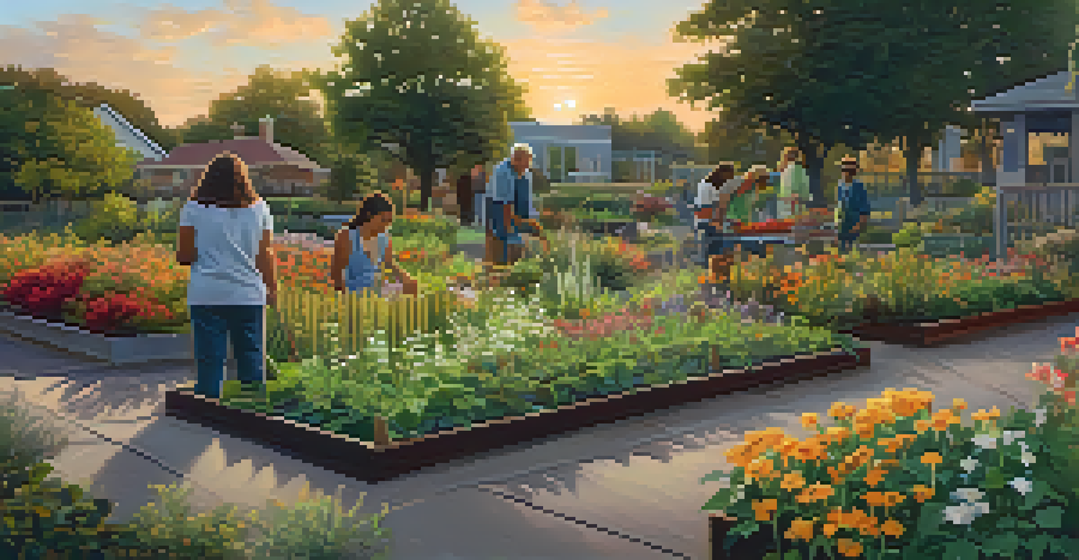 A community garden with diverse native plants and people planting, under a warm sunset sky.