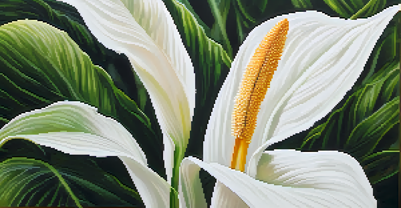 A close-up of a peace lily with white flowers and green leaves, beautifully displayed.