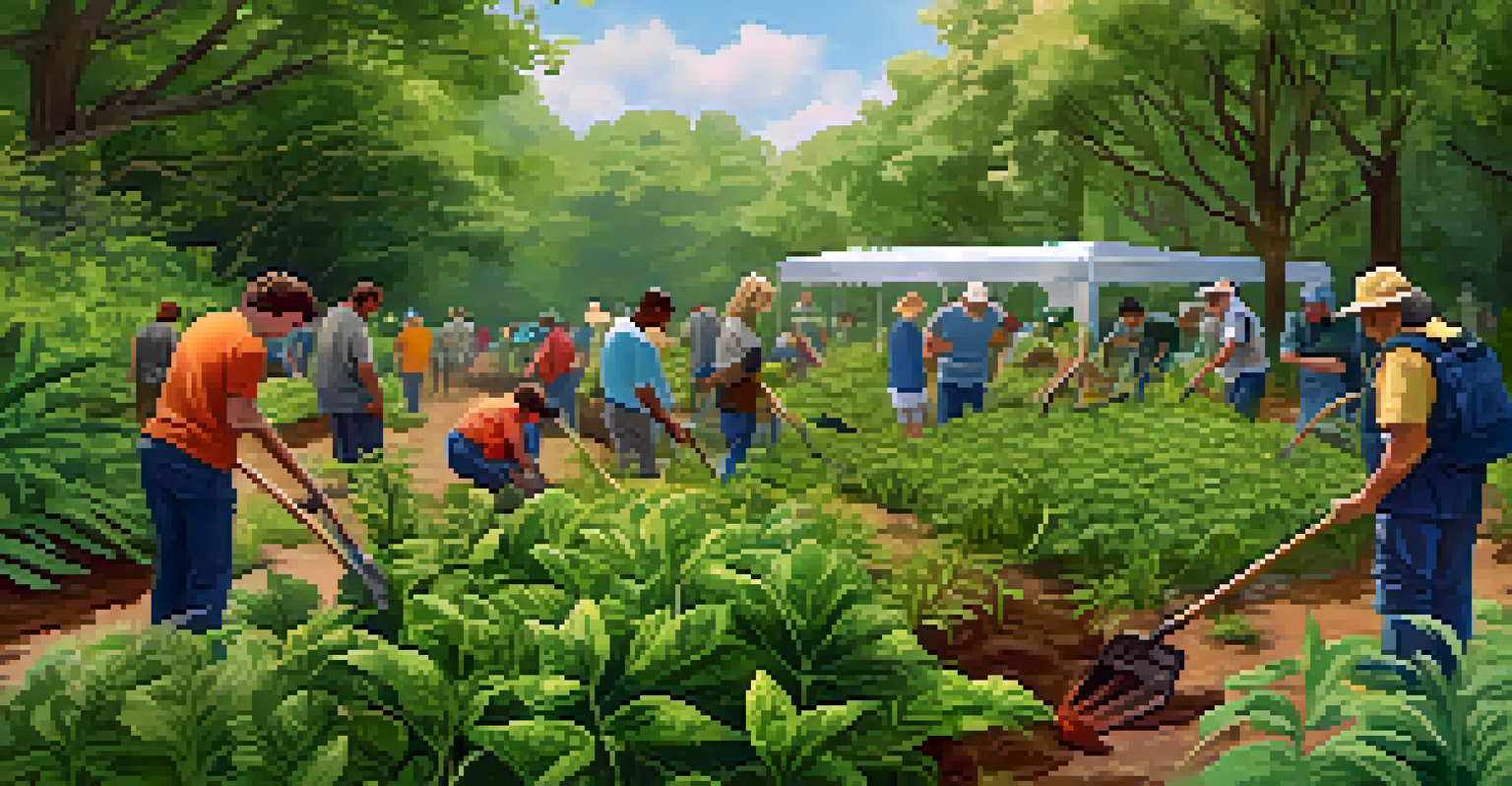 A community workshop with residents removing invasive plants in a green landscape.