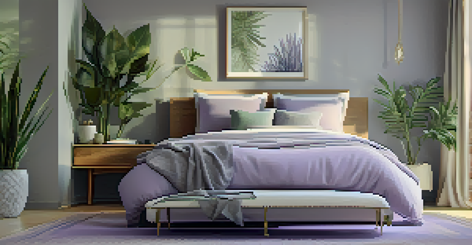 A tranquil bedroom with lavender and snake plants beside a neatly made bed, illuminated by soft ambient light.