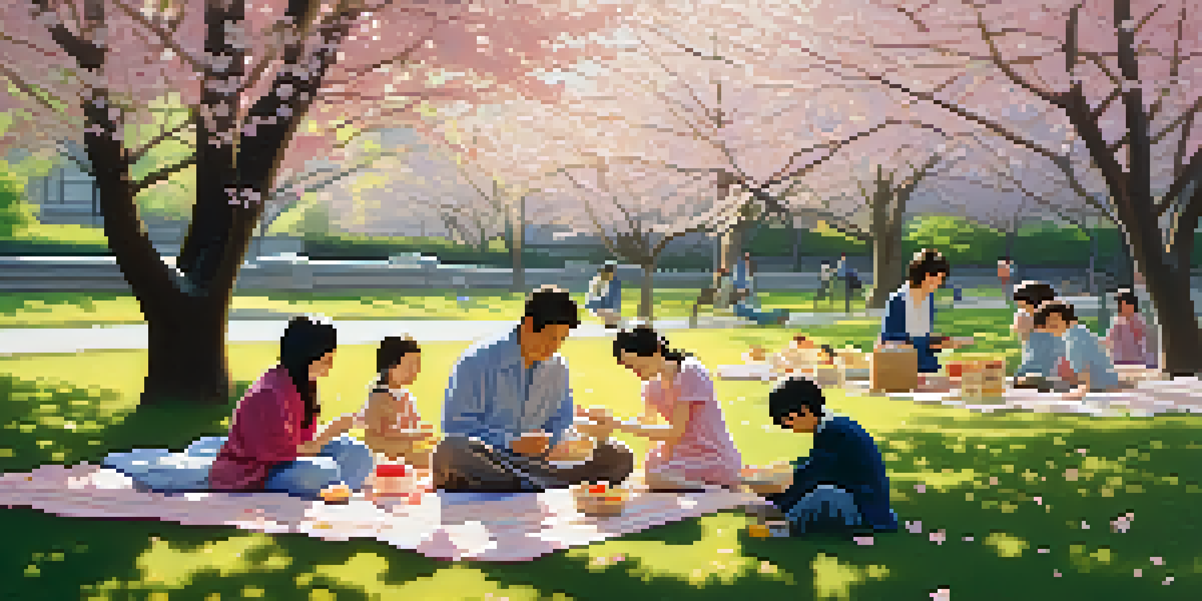 Families having a picnic under blooming cherry blossom trees, with soft pink petals falling around them.