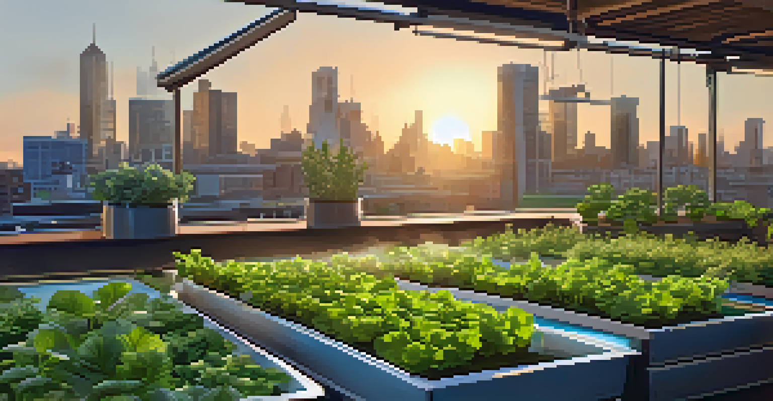 An urban rooftop garden with vertical planters and a fish tank, set against a sunset skyline.